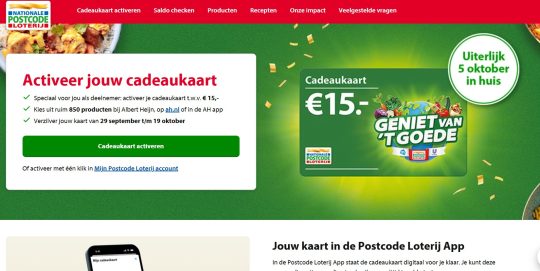 Gratis Albert Heijn cadeaukaart van 15 euro cadeau bij Postcode Loterij
