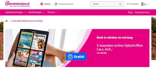 Gratis 3 maanden Readly cadeau bij hotelboeking via Voordeeluitjes