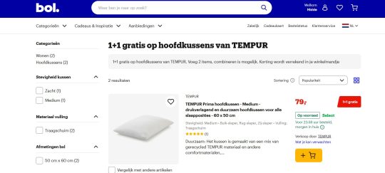 Gratis TEMPUR hoofdkussen cadeau bij aankoop van een TEMPUR Prima kussen bij Bol.com