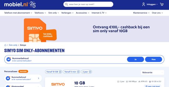Gratis 100 euro cashback cadeau en geen aansluitkosten bij sim only van Simyo
