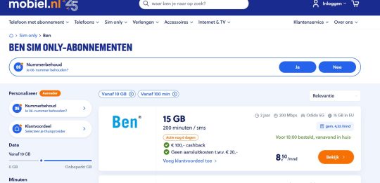 Gratis 100 euro cashback + gratis aansluiten t.w.v. 20 euro op Sim Only van Ben