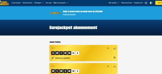 Gratis 15 loten cadeau bij automatisch meespelen Eurojackpot bij Nederlandse Loterij