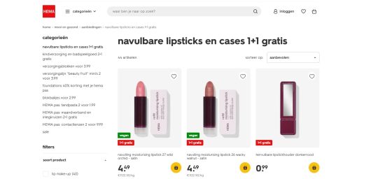 Gratis lipproducten cadeau bij 1+1 gratis van HEMA
