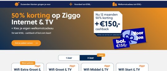 Gratis 150 euro cashback of Bol cadeaukaart cadeau bij internet abonnement bij Ziggo