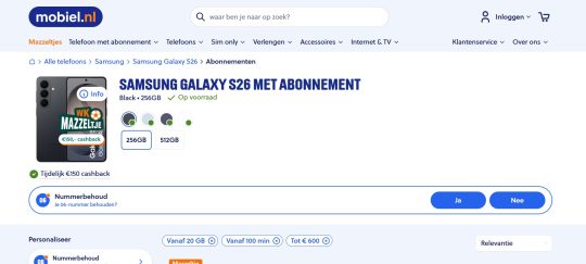 Gratis 150 euro cashback cadeau bij Samsung Galaxy S26 abonnement bij Mobiel.nl