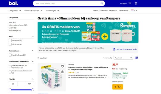 Gratis Anna + Nina mokken cadeau bij Pampers van bol.com