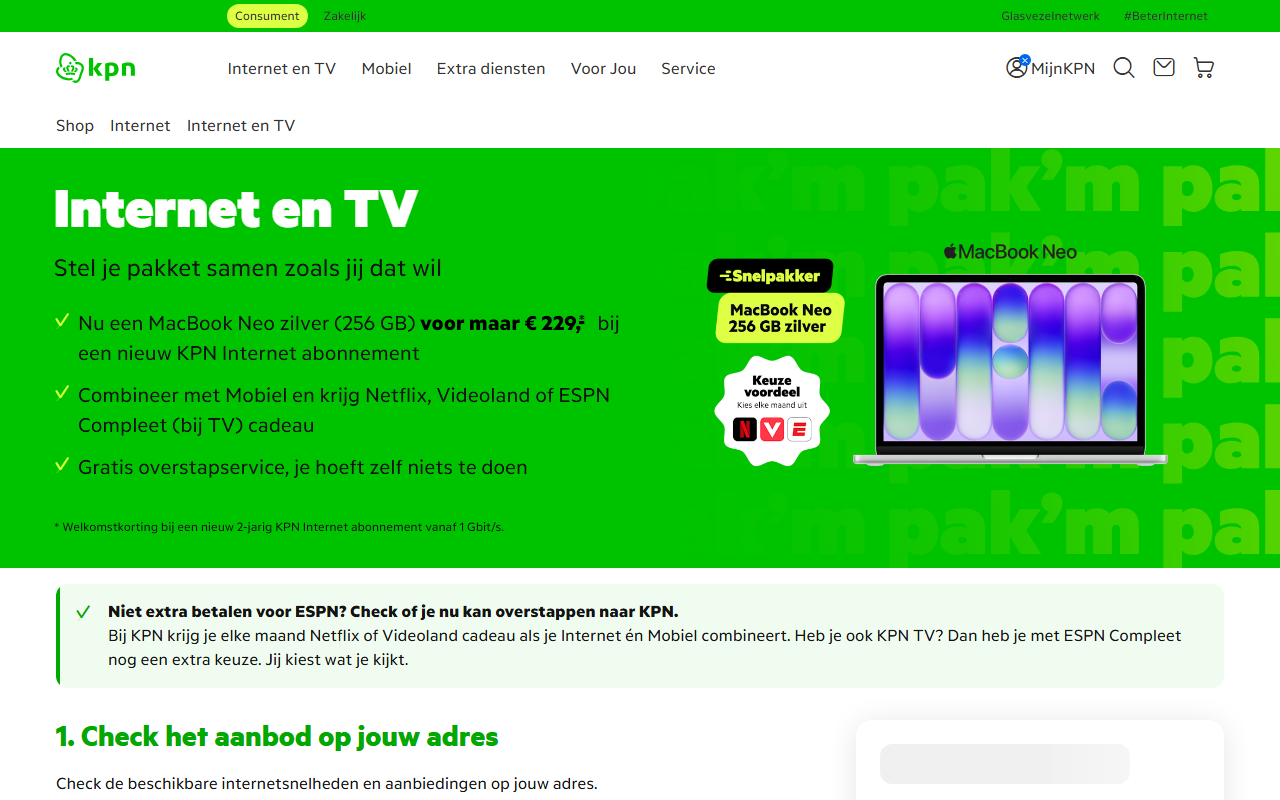Gratis 570 euro welkomstkorting op de MacBook NEO zilver cadeau bij KPN bij internet abonnement