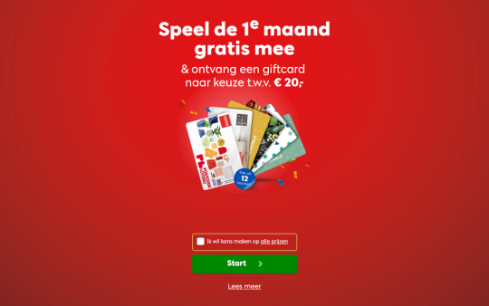 Gratis cadeaukaart van 20 euro cadeau en 1 maand gratis meespelen bij Postcode Loterij