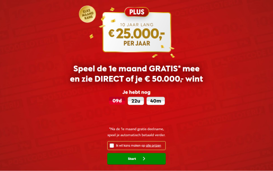 Gratis 1 maand meespelen met de Postcode Loterij en direct kans maken op 50.000 euro